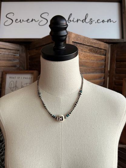 Sterling silver necklace with turquoise beads and running horse pendant, bead chain