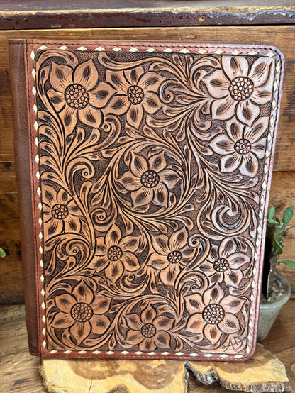 Hand-tooled leather folio notebook, detailed floral embossing on front cover
