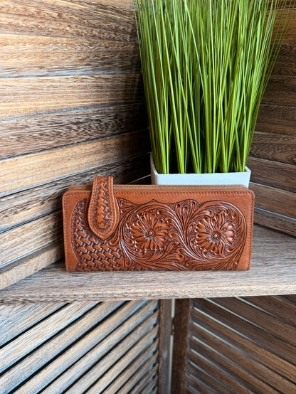 Tooled leather wallet, tan with floral carving and braided corner detail