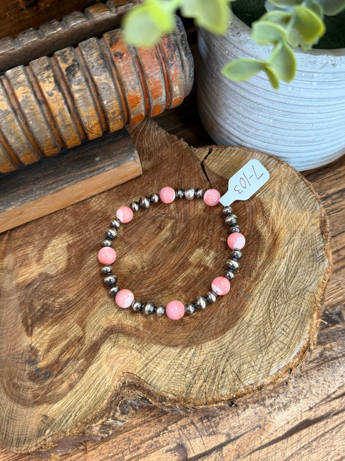 Pink gemstone-look beaded bracelet with silver-tone pearl beads, elastic stretch