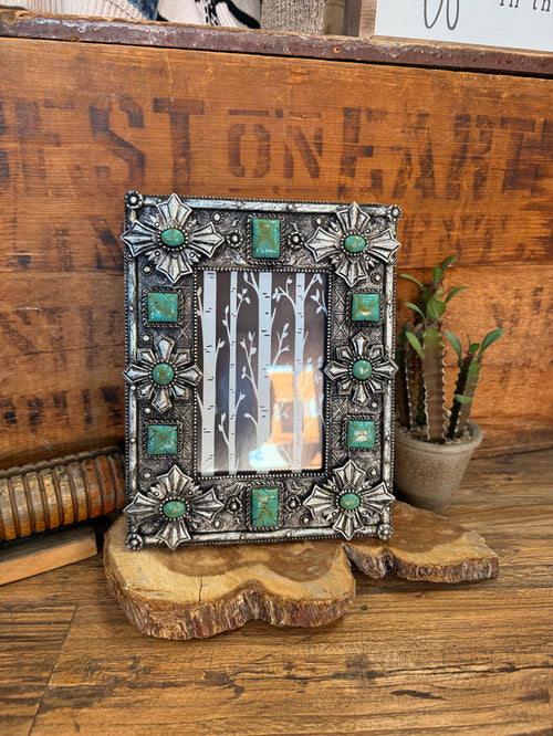 Silver Cross turquoise 4x6 photo frame with ornate silver filigree corners and border