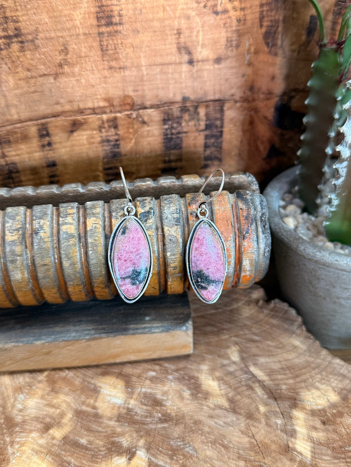 Pink oval rhodonite drop fishhook earrings, silver-tone wire frame and hooks