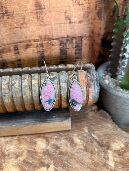 Pink oval rhodonite drop fishhook earrings, silver-tone wire frame and hooks