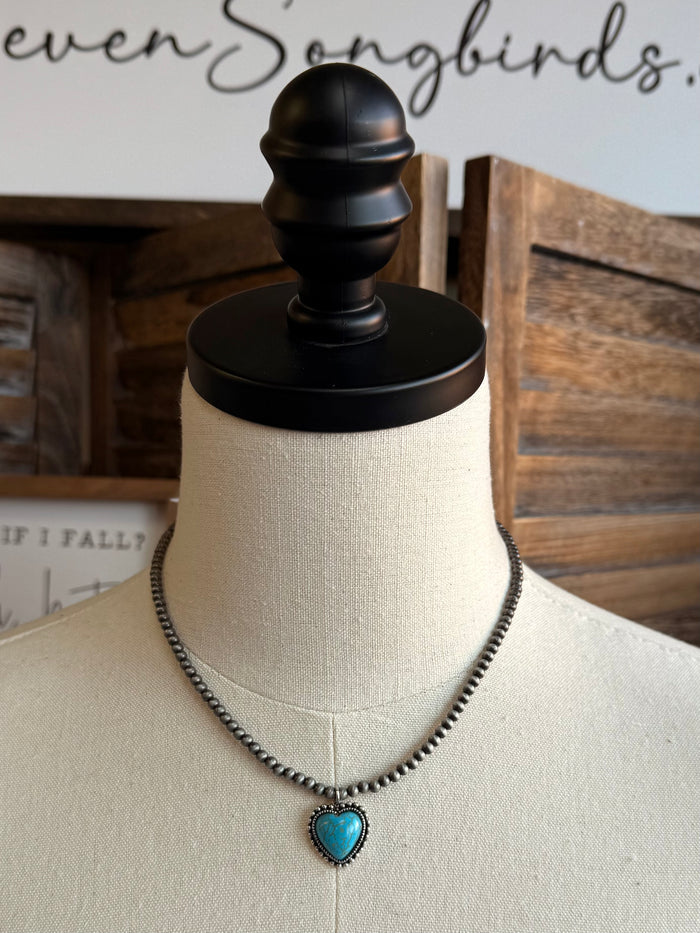 Turquoise heart pendant silver chain necklace