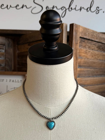 Turquoise heart pendant silver chain necklace