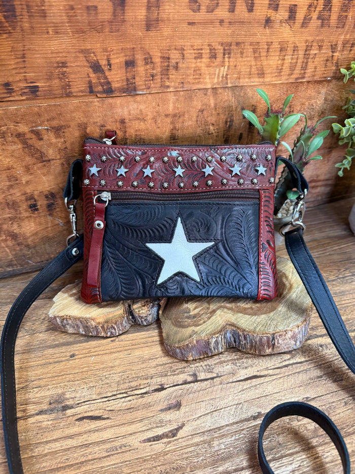 Red, white and blue leather star crossbody purse with adjustable shoulder strap