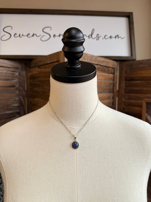 Silver-plated necklace with blue round lapis pendant on fine chain