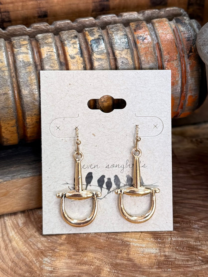 Gold-tone fishhook earrings with vertical snaffle bit and U-shaped hoops