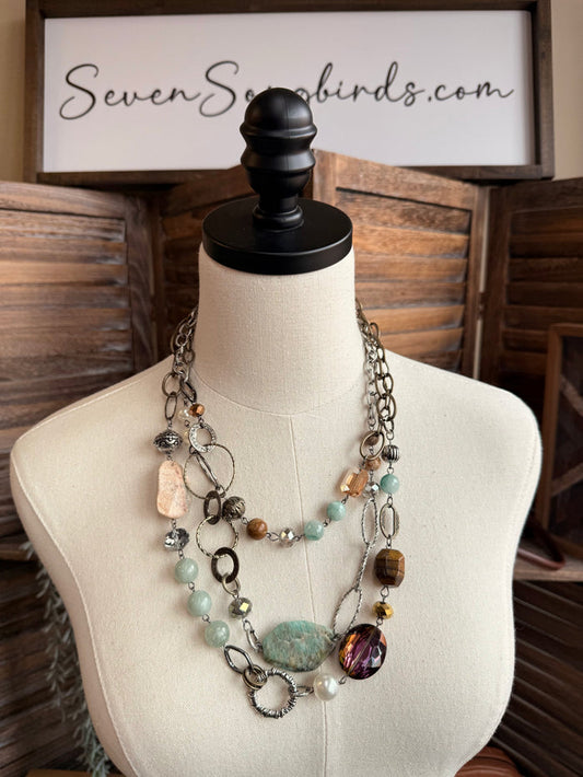 Layered stone bead necklace with blue-green oval, purple faceted beads, pearl-like accents