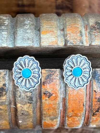 Flower concho stud earrings in silver with round turquoise enamel center, post backs