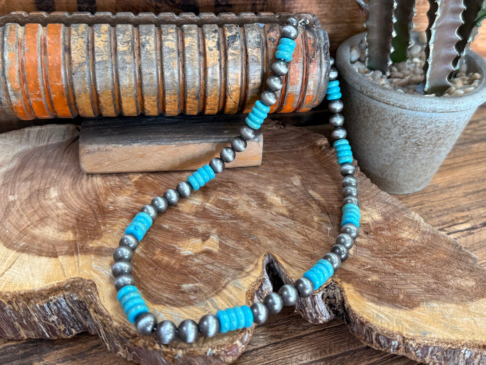 Turquoise and silver pearl bead necklace with turquoise tube beads and horn-like pendant