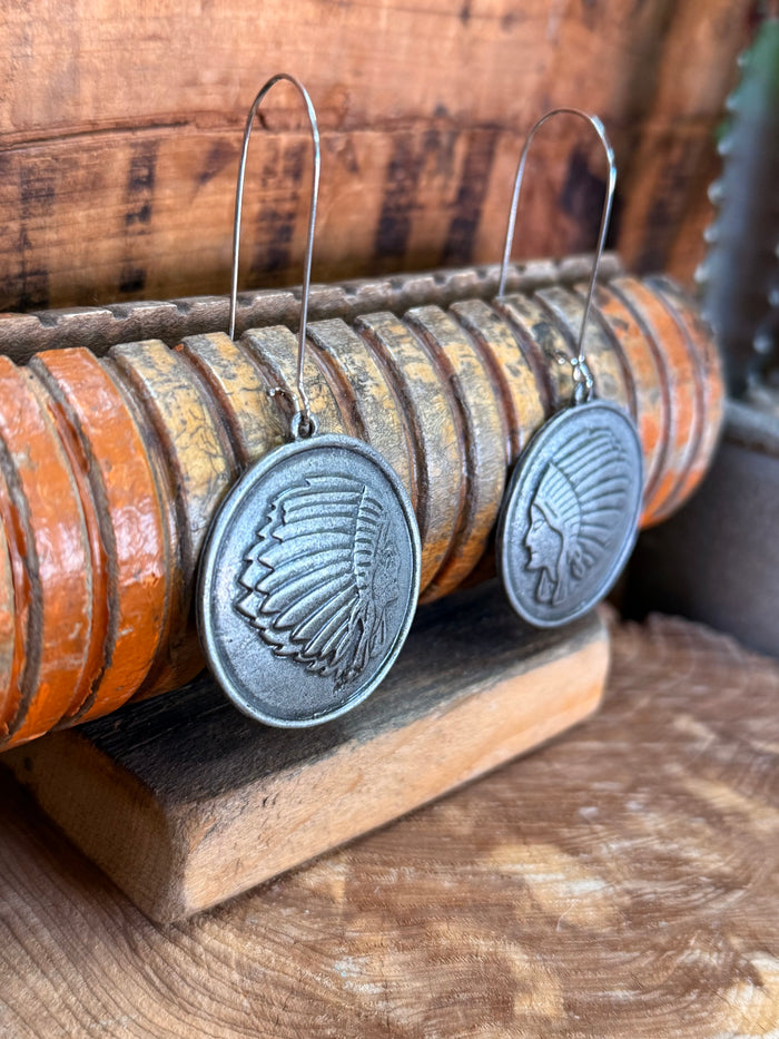 Blue-gray round feather medallion fish hook earrings, dangling on hooks