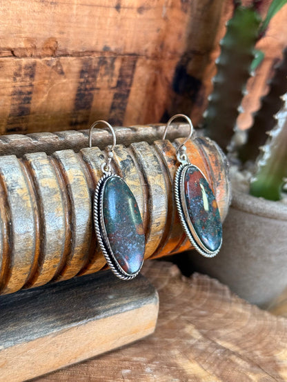 Oval red-blue stone fishhook earrings with silver-tone rope-edge bezel