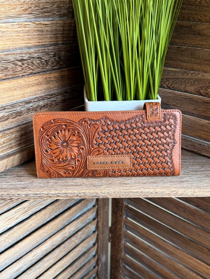 Tooled tan leather wallet with braided basket-weave detail and floral panel