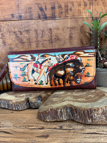 Hand-painted leather crossbody wallet with horse and rider scene and long strap