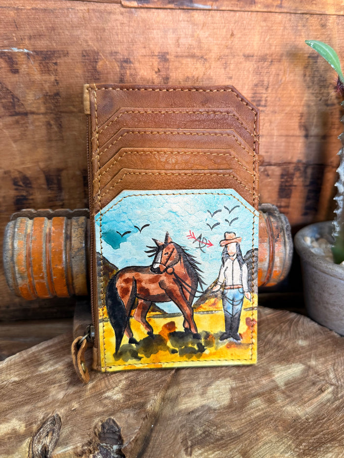 Hand-painted card and coin wallet with brown leather, horse and rider scene on front