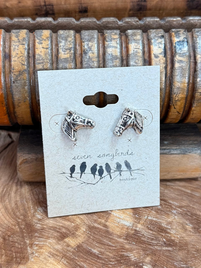 Horse head stud earrings, silver tone horse head studs with engraved pattern on display card