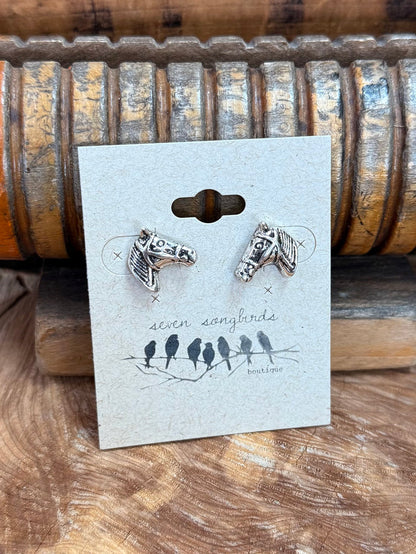 Horse head stud earrings, silver tone horse head studs with engraved pattern on display card