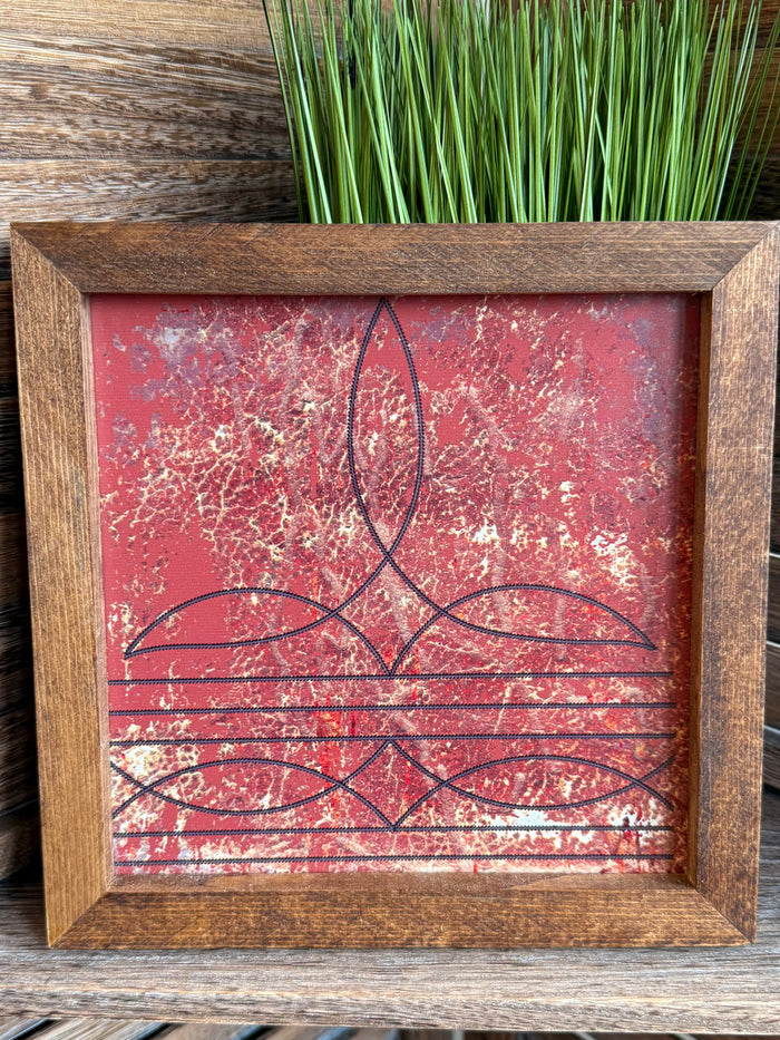 Rustic wood framed red abstract wall art featuring a curving line motif and sparkle