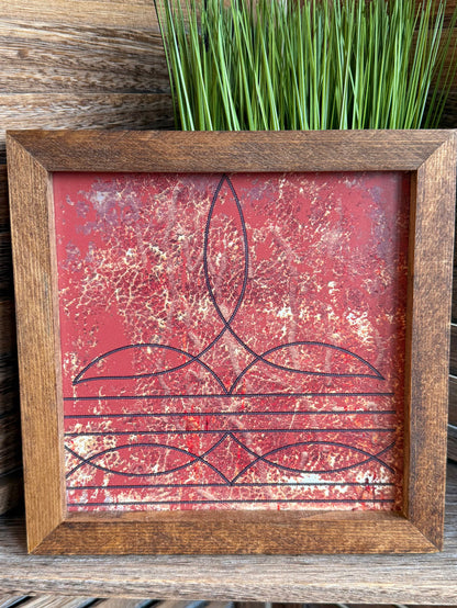 Rustic wood framed red abstract wall art featuring a curving line motif and sparkle