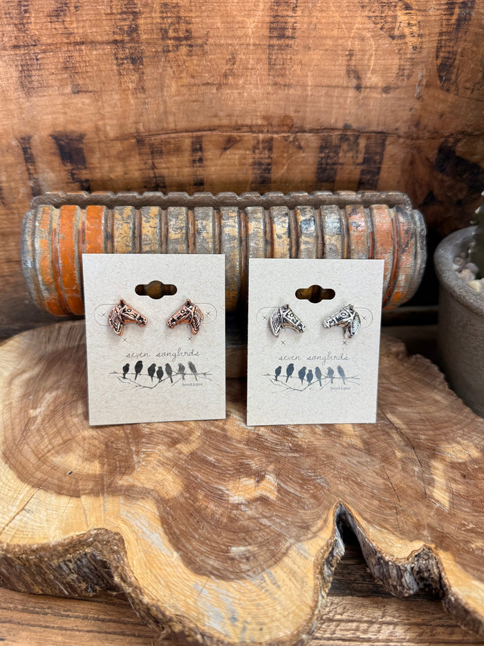 Horse head stud earrings, copper tone horse head posts on display card