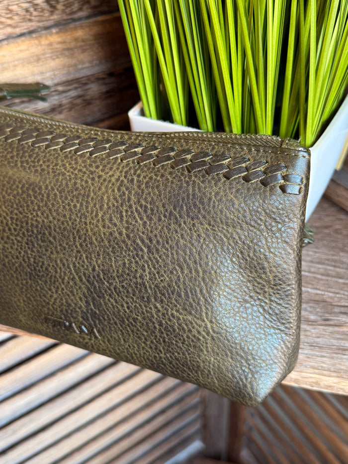 Olive mini wristlet bag with braided edge trim and metal zipper, side angle