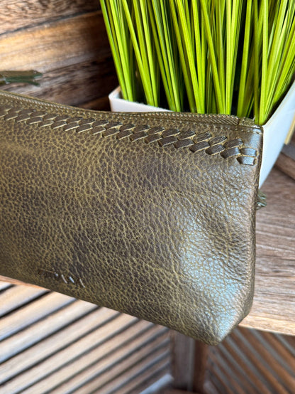 Olive mini wristlet bag with braided edge trim and metal zipper, side angle