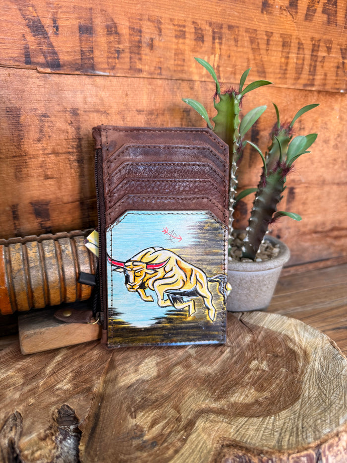 Hand-painted card and coin wallet with brown leather, tiger animal illustration on front