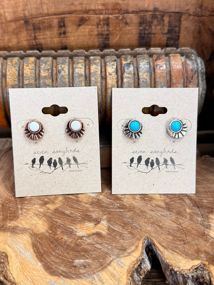 Copper concho fan stud earrings with round white stone and textured fan edge