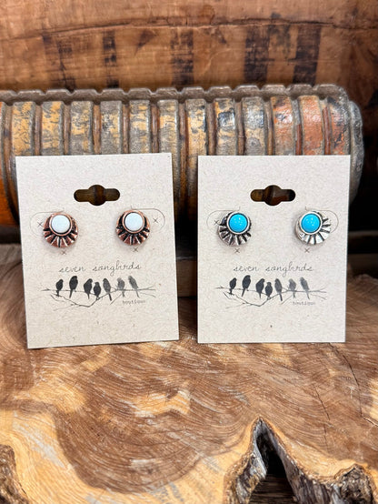 Copper concho fan stud earrings with round white stone and textured fan edge