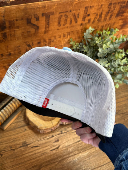 White mesh back trucker cap with adjustable band and black brim