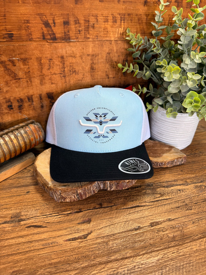 Kimes Brighton hat with light blue front, black brim, and western logo patch