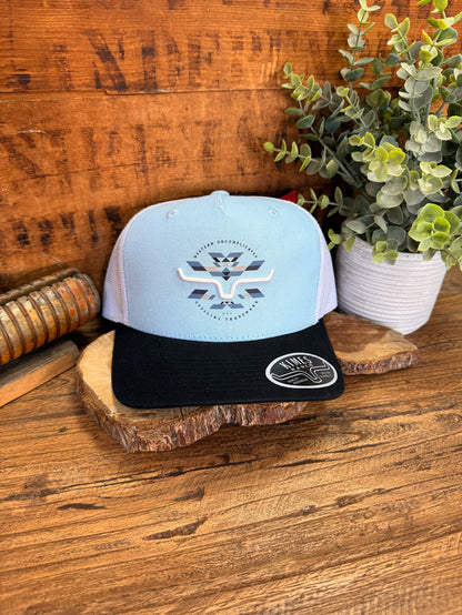 Kimes Brighton hat with light blue front, black brim, and western logo patch