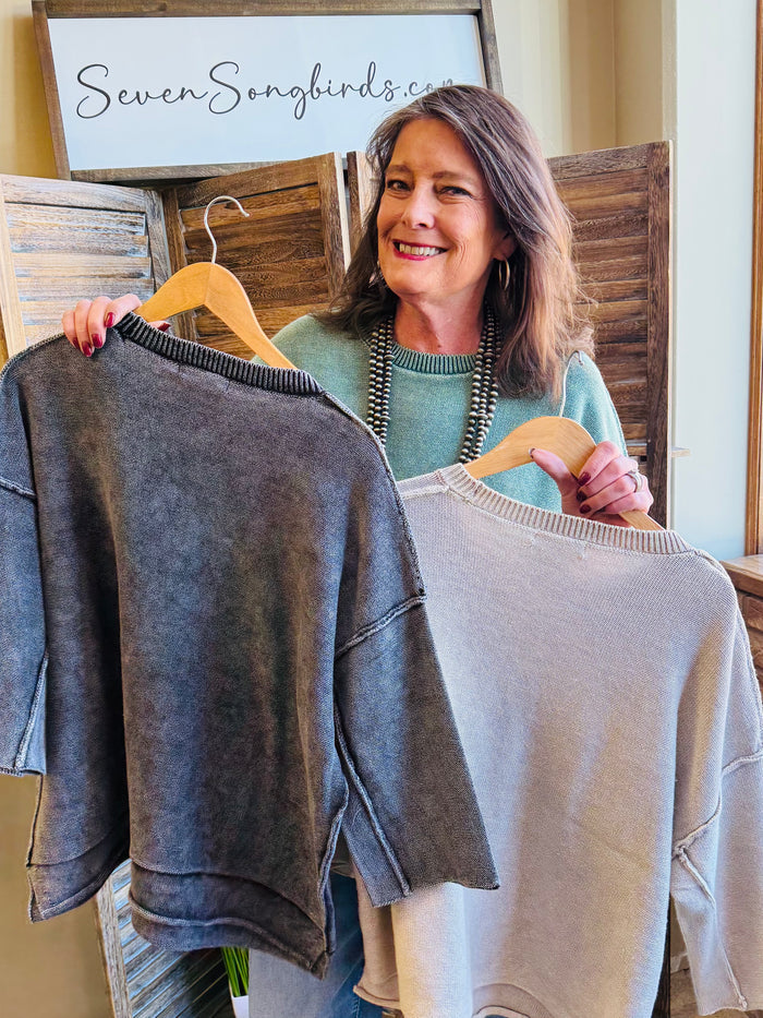Cotton 3/4 sleeve crewneck sweaters on hangers: light and dark heather gray