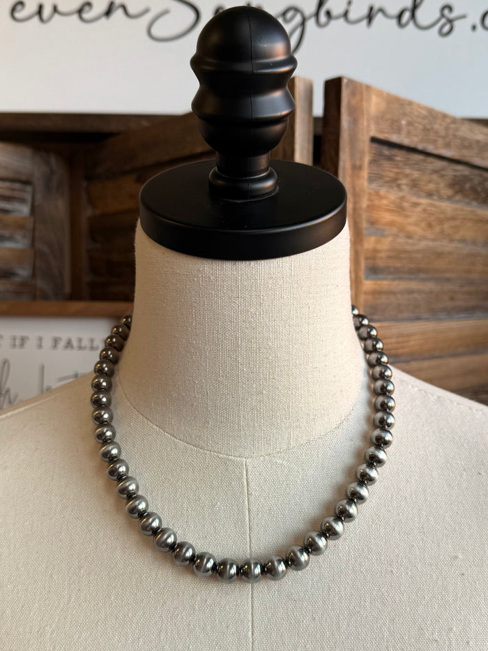 Silver pearl bead necklace, single strand of round beads with even spacing