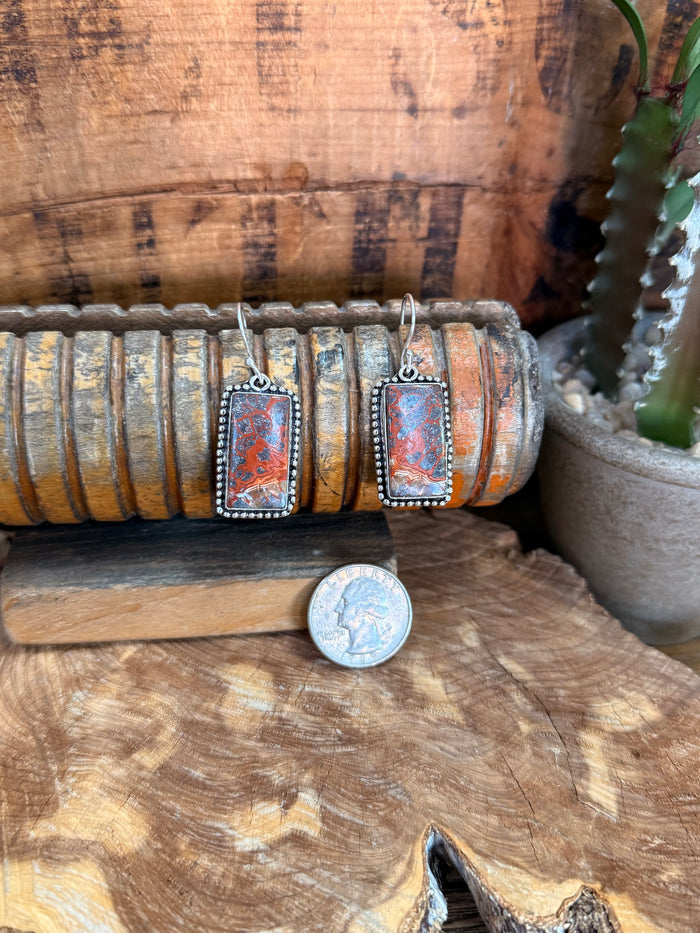 Rectangular lace agate fishhook earrings, silver bezel; orange-blue mosaic stone with coin scale