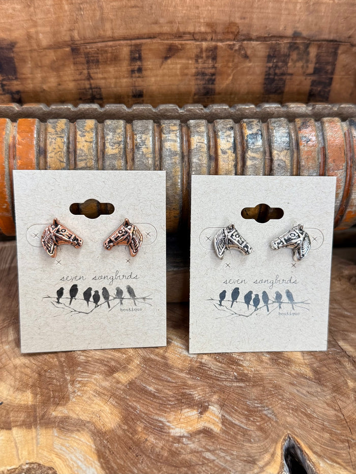 Horse head stud earrings cards featuring copper and silver tone horse head designs