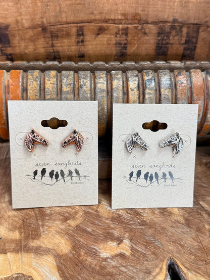 Horse head stud earrings cards featuring copper and silver tone horse head designs