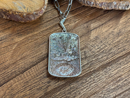 Silver roper necklace with rectangular textured pendant and chain links