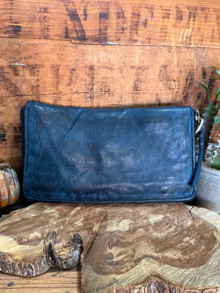 Navy leather zip-around wallet, textured finish and metal zipper along top
