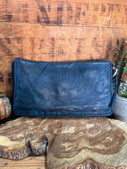Navy leather zip-around wallet, textured finish and metal zipper along top