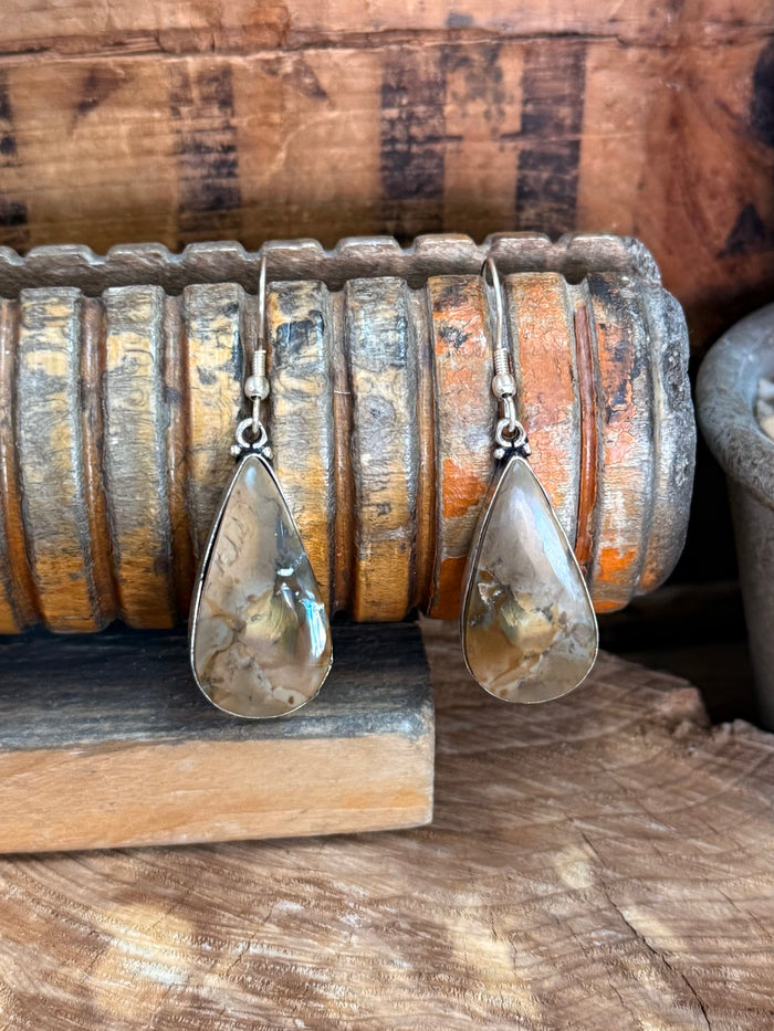 Silver fishhook earrings with pear-shaped natural stone drops, front view