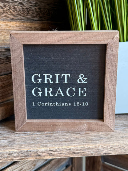 4x4 framed artwork, wood frame with 'GRIT & GRACE' and '1 Corinthians 15:10' on slate