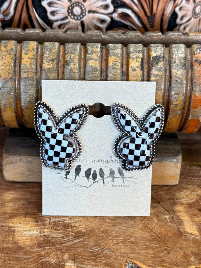 Black and white checkered rabbit stud earrings, pair with post backs on card