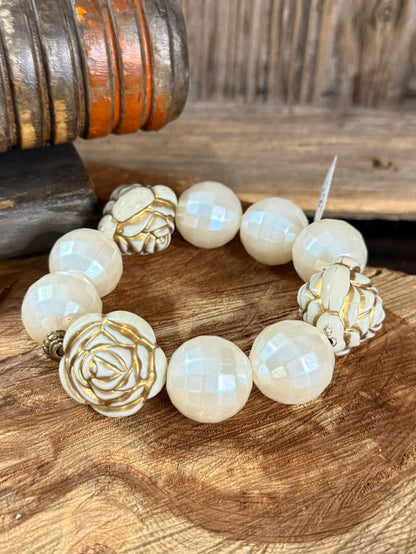 Pearl rose stretch bracelet, white opal bead bands with gold rose flower detail