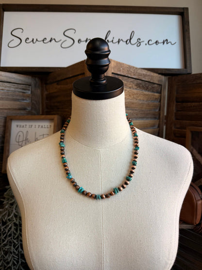 20-inch copper and turquoise beaded necklace on mannequin bust
