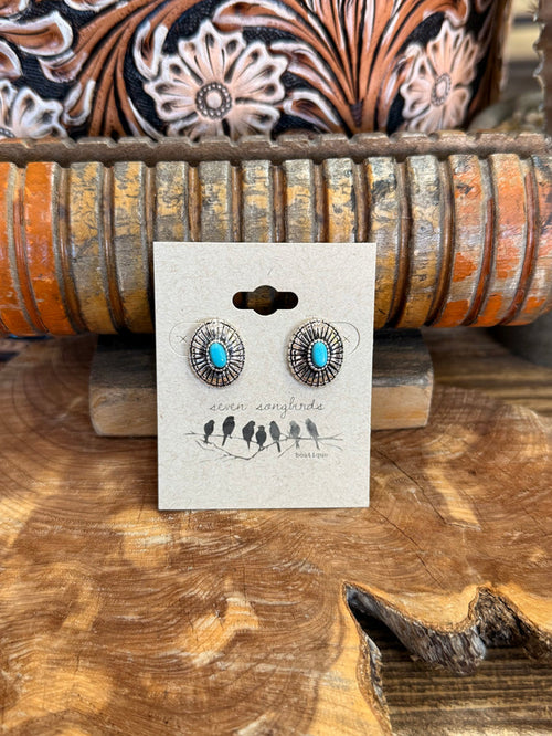 Silver and turquoise concho stud earrings, round filigree with turquoise center