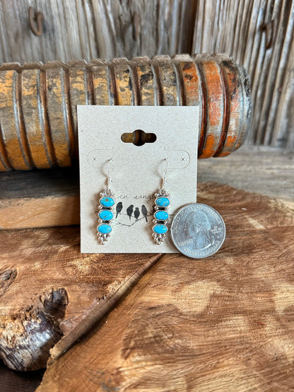 Sterling silver turquoise triple-stacked cluster drop earrings with three turquoise stones, shown with coin