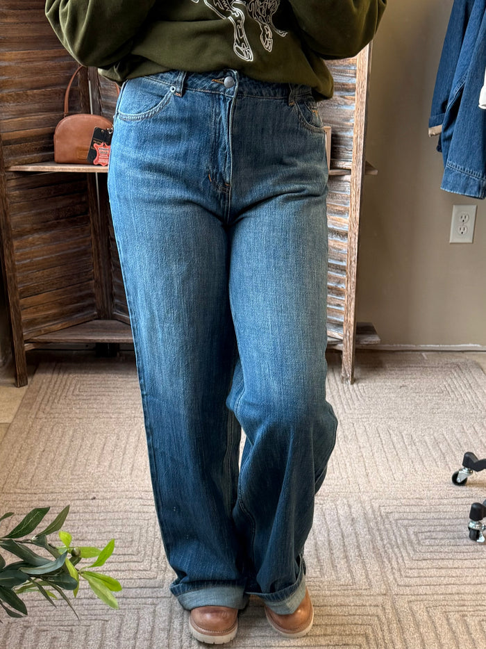 Maggie jeans in antique wash with button closure, belt loops, and straight-leg cut
