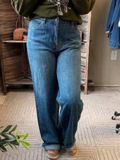 Maggie jeans in antique wash with button closure, belt loops, and straight-leg cut